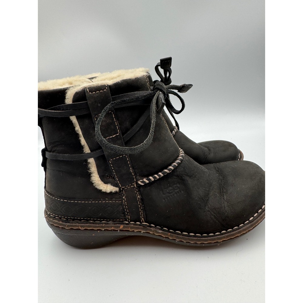 UGG Australia Sunburst Black Leather Shearling Lace Up Boots 5136 Womens 7